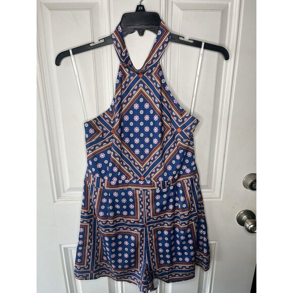 Lulus Blanca Womens Romper Size Large Blue Halter Shorts Flower Print Colorful - Picture 5 of 11
